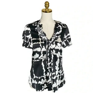 BCBGMAXAZRIA Women Black & White Silk Blend Ruffled Short Sleeve Blouse Top Sz S
